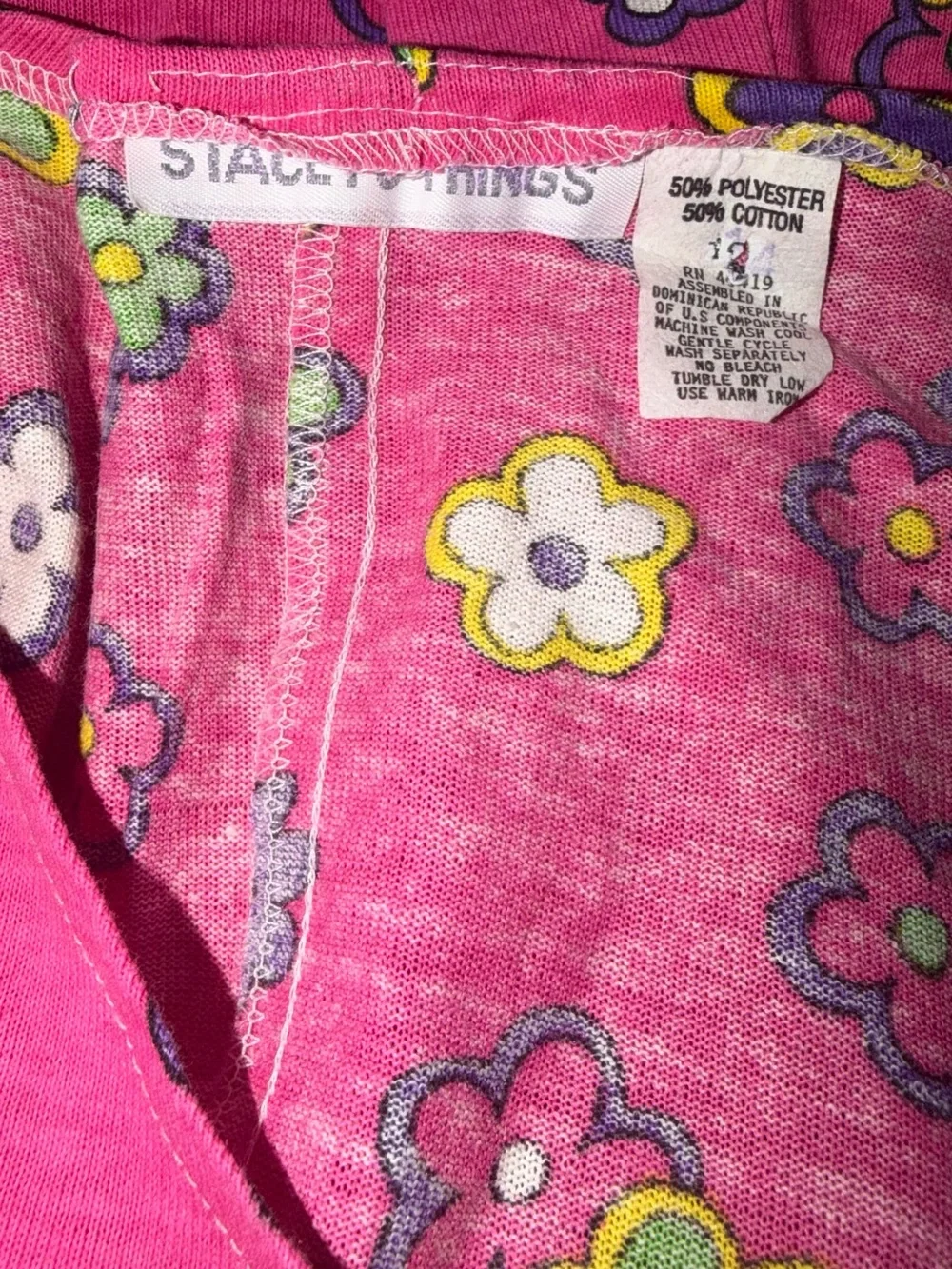 Vtg Stacey’s things pink neon floral bow button shorts romper sz 12 Y2K 90’s